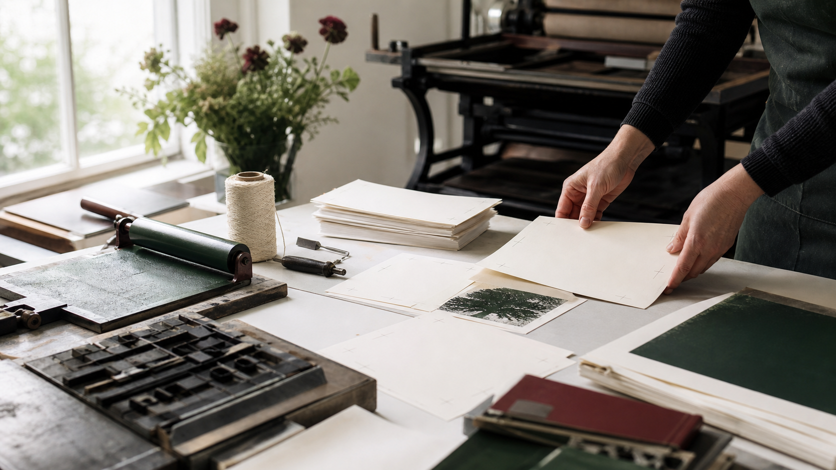 Table d’atelier avec papiers, rouleaux d’encre et outils d’impression artisanale