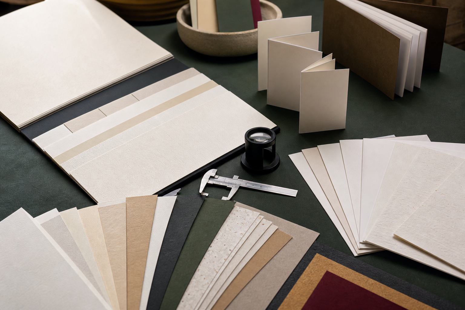 Échantillons de papiers et outils de mesure disposés sur une table
